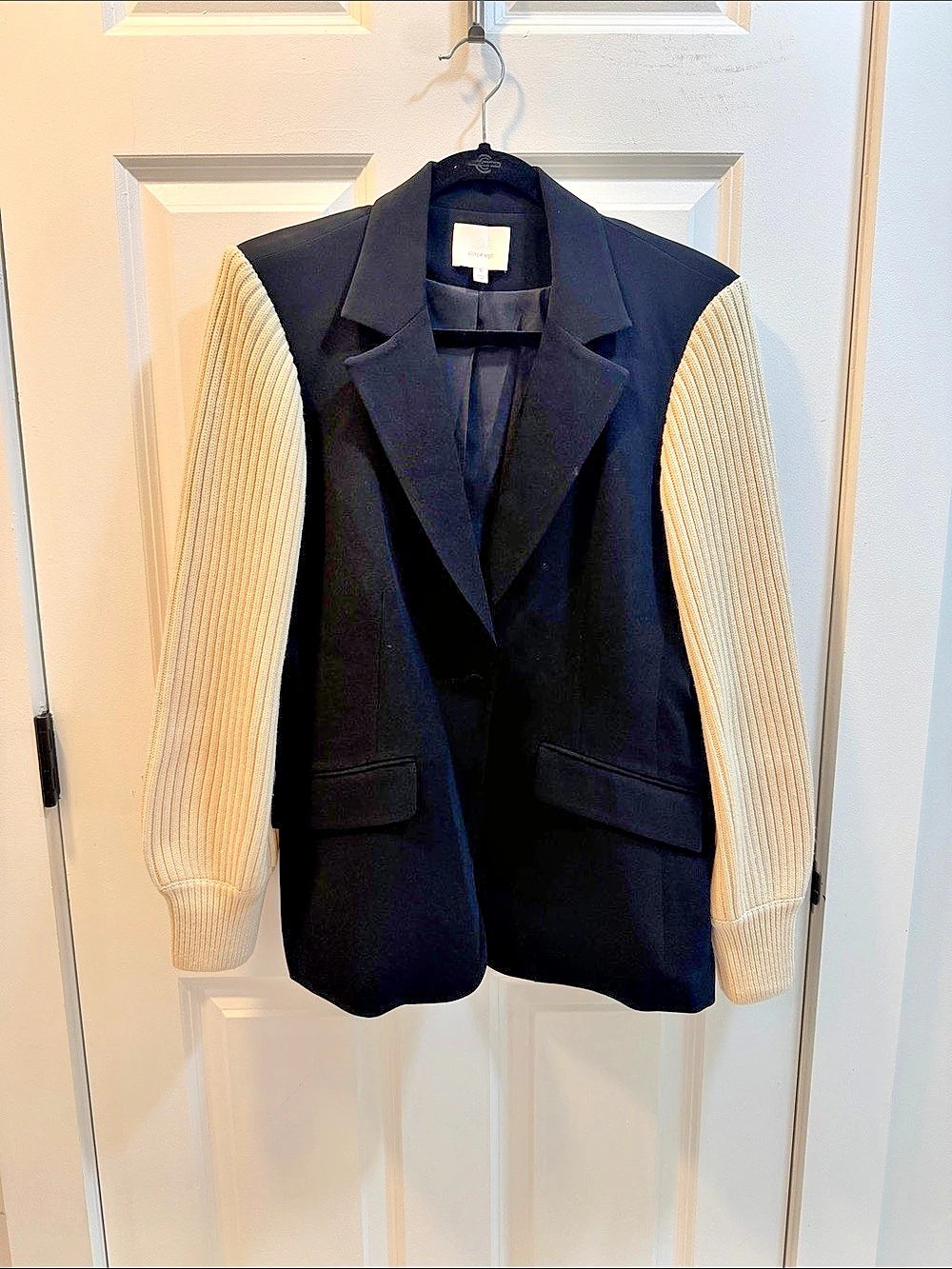 cinq à sept Melina Rib-Knit Sleeve Blazer Black & Cream Size 10